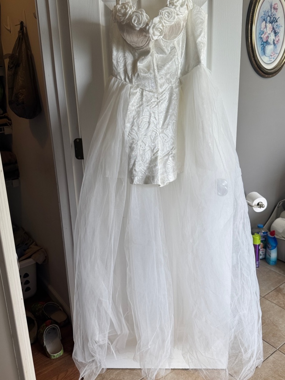 White Floral Appliqué Tulle Bridal Romper Gown - Picture 4 of 8